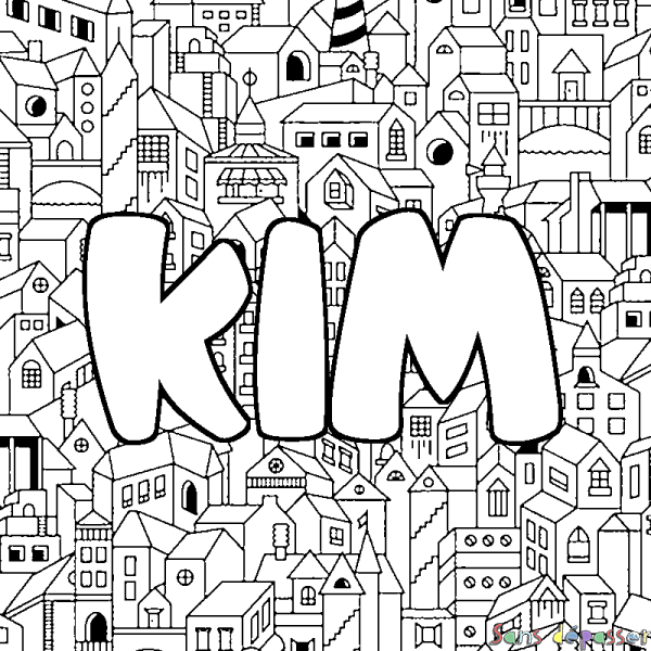 Coloriage prénom KIM - d&eacute;cor Ville