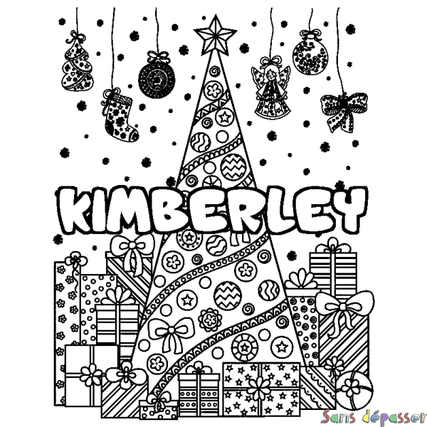 Coloriage prénom KIMBERLEY - d&eacute;cor Sapin et Cadeaux