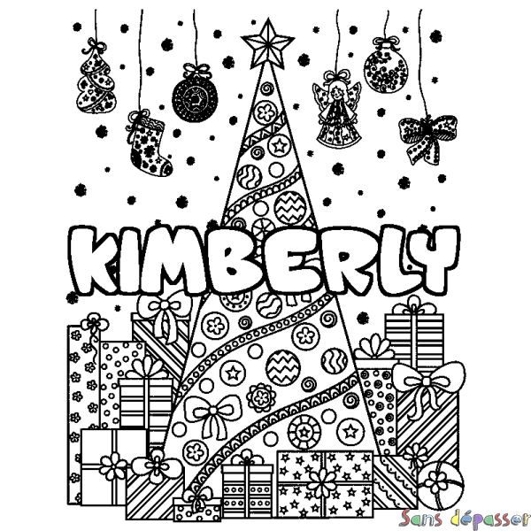 Coloriage prénom KIMBERLY - d&eacute;cor Sapin et Cadeaux