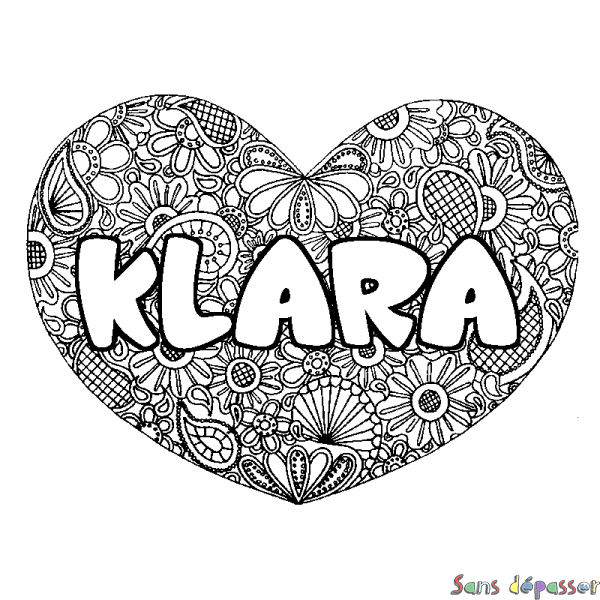 Coloriage prénom KLARA - d&eacute;cor Mandala coeur