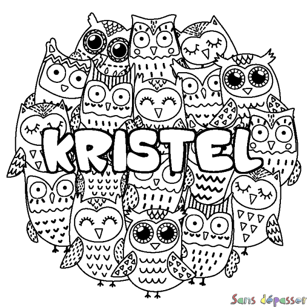 Coloriage prénom KRISTEL - d&eacute;cor Chouettes