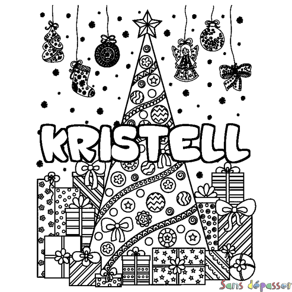 Coloriage prénom KRISTELL - d&eacute;cor Sapin et Cadeaux