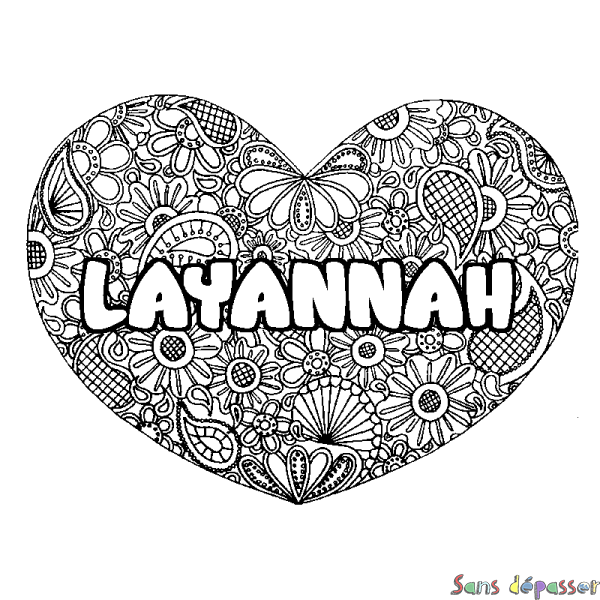 Coloriage prénom LAYANNAH - d&eacute;cor Mandala coeur