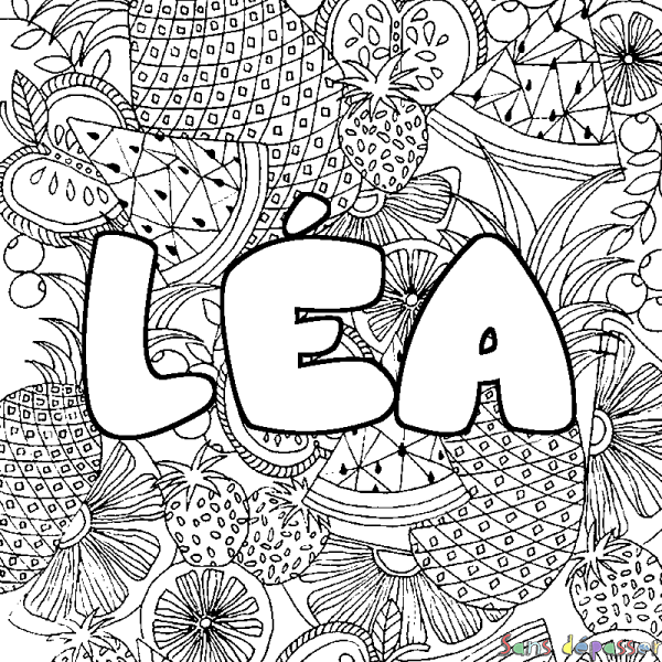 Coloriage prénom L&Eacute;A - d&eacute;cor Mandala fruits