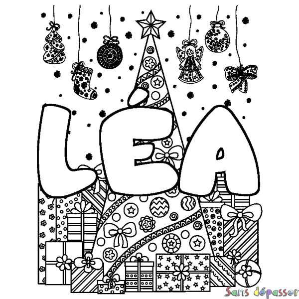 Coloriage prénom L&Eacute;A - d&eacute;cor Sapin et Cadeaux