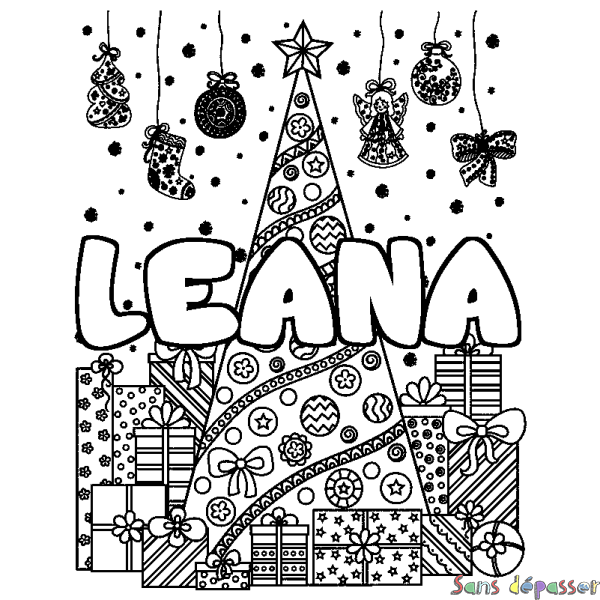 Coloriage prénom LEANA - d&eacute;cor Sapin et Cadeaux