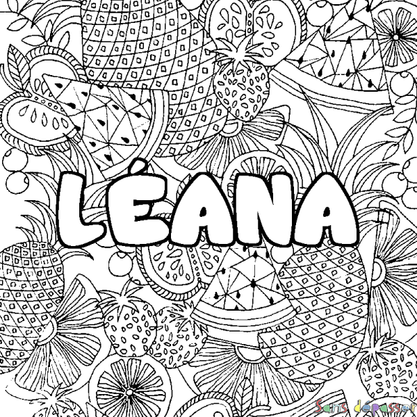 Coloriage prénom L&Eacute;ANA - d&eacute;cor Mandala fruits