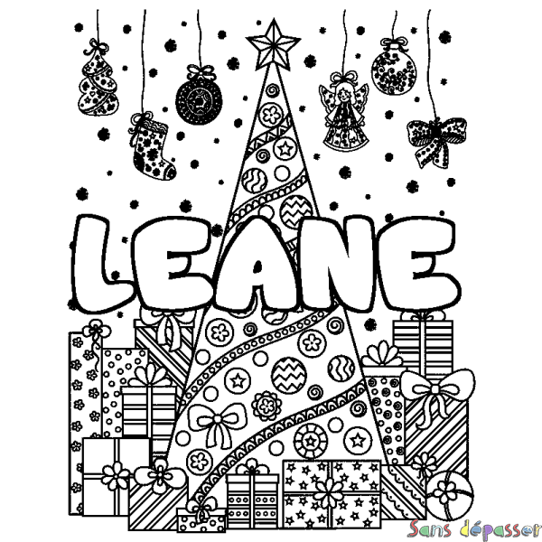 Coloriage prénom LEANE - d&eacute;cor Sapin et Cadeaux