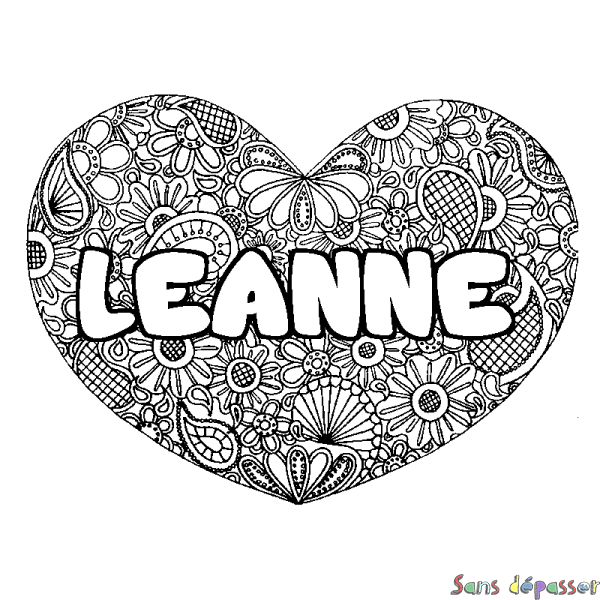 Coloriage prénom LEANNE - d&eacute;cor Mandala coeur