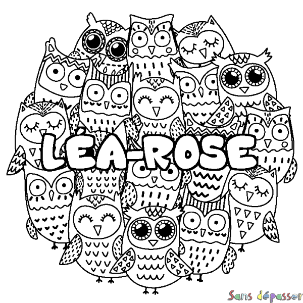 Coloriage prénom L&Eacute;A-ROSE - d&eacute;cor Chouettes