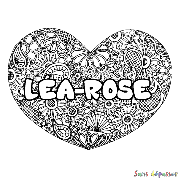 Coloriage prénom L&Eacute;A-ROSE - d&eacute;cor Mandala coeur