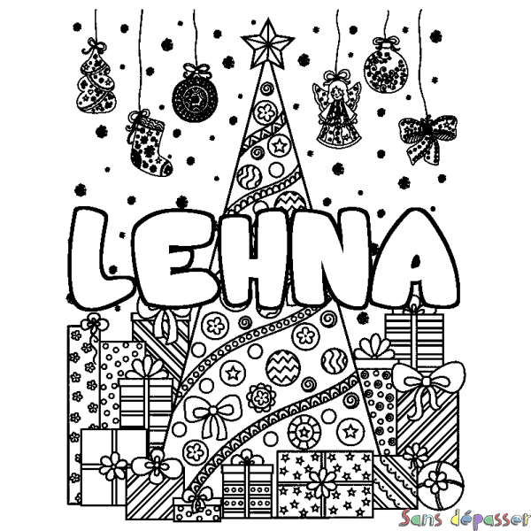 Coloriage prénom LEHNA - d&eacute;cor Sapin et Cadeaux