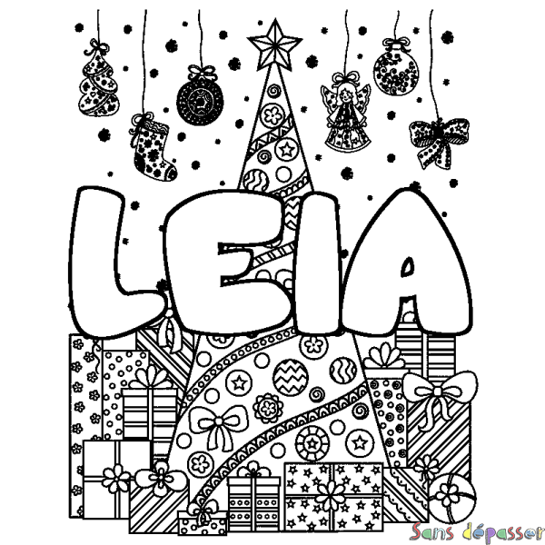 Coloriage prénom LEIA - d&eacute;cor Sapin et Cadeaux