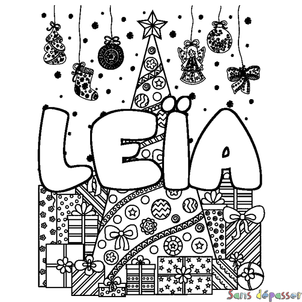 Coloriage prénom LE&Iuml;A - d&eacute;cor Sapin et Cadeaux