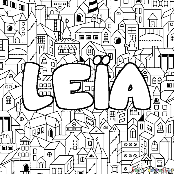 Coloriage prénom LE&Iuml;A - d&eacute;cor Ville