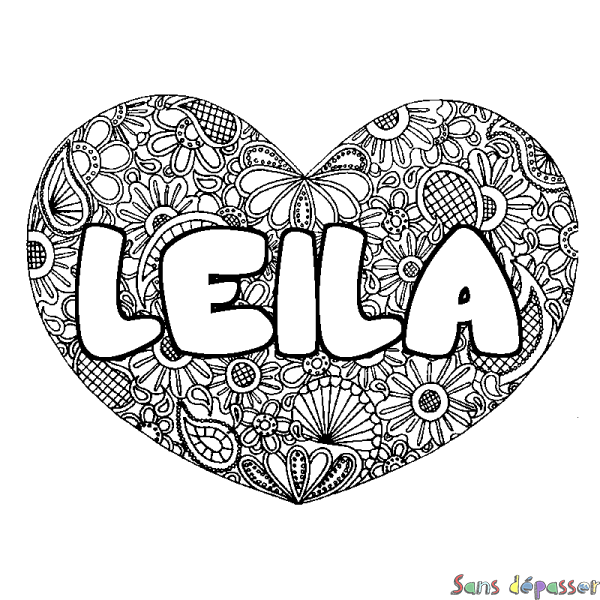 Coloriage prénom LEILA - d&eacute;cor Mandala coeur