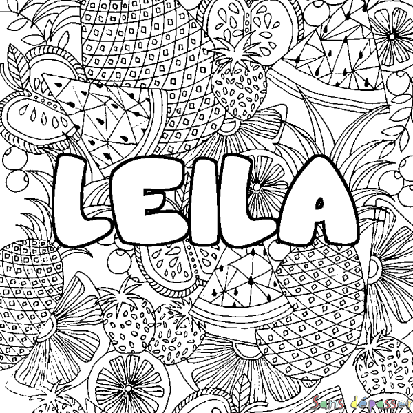 Coloriage prénom LEILA - d&eacute;cor Mandala fruits