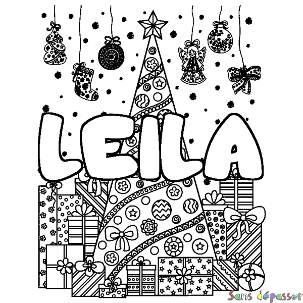 Coloriage prénom LEILA - d&eacute;cor Sapin et Cadeaux