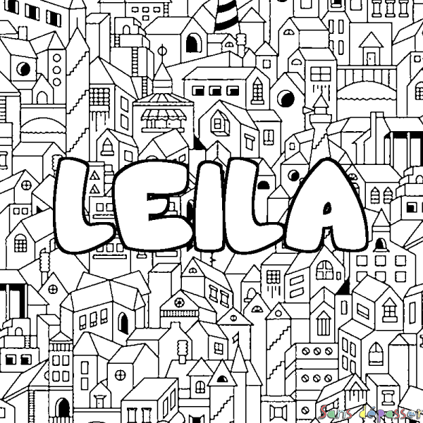 Coloriage prénom LEILA - d&eacute;cor Ville