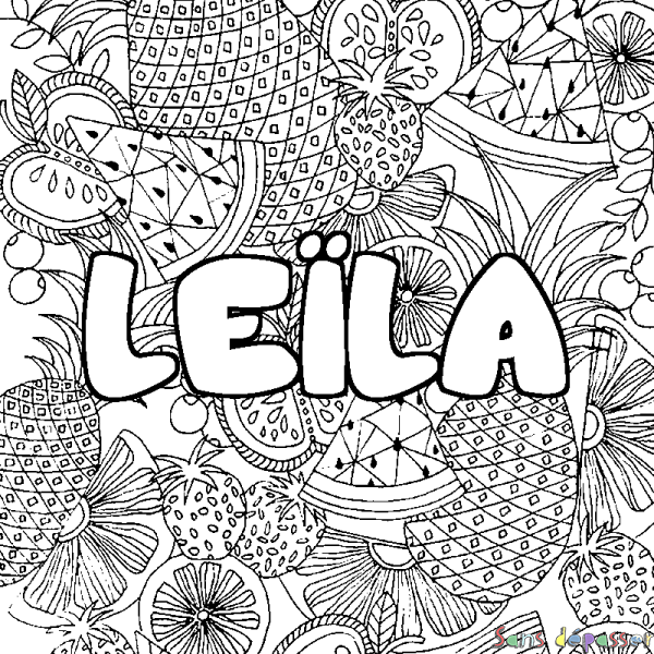 Coloriage prénom LE&Iuml;LA - d&eacute;cor Mandala fruits