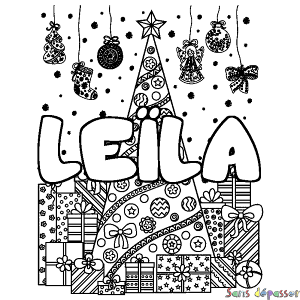 Coloriage prénom LE&Iuml;LA - d&eacute;cor Sapin et Cadeaux