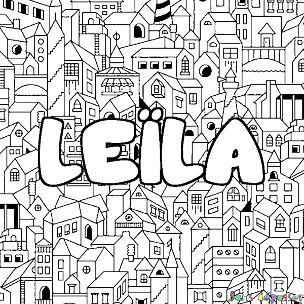 Coloriage prénom LE&Iuml;LA - d&eacute;cor Ville