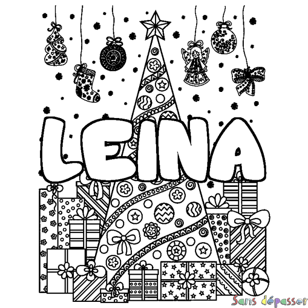 Coloriage prénom LEINA - d&eacute;cor Sapin et Cadeaux