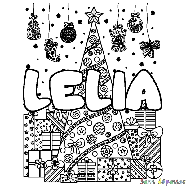 Coloriage prénom LELIA - d&eacute;cor Sapin et Cadeaux