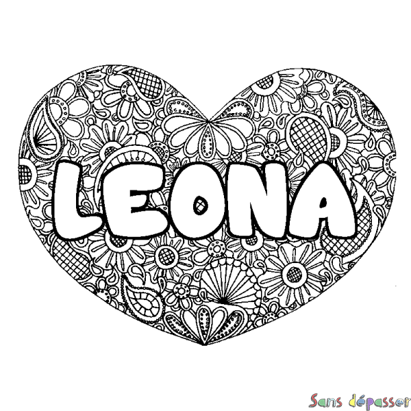 Coloriage prénom LEONA - d&eacute;cor Mandala coeur