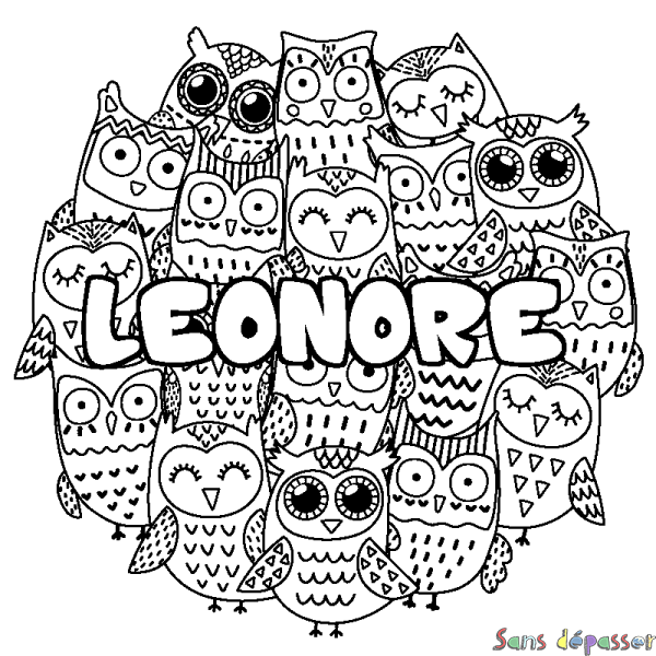 Coloriage prénom LEONORE - d&eacute;cor Chouettes