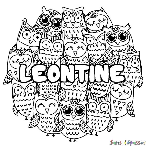 Coloriage prénom L&Eacute;ONTINE - d&eacute;cor Chouettes