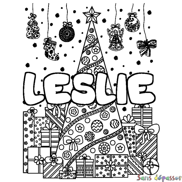 Coloriage prénom LESLIE - d&eacute;cor Sapin et Cadeaux