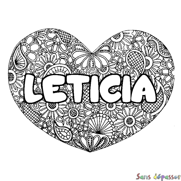 Coloriage prénom LETICIA - d&eacute;cor Mandala coeur