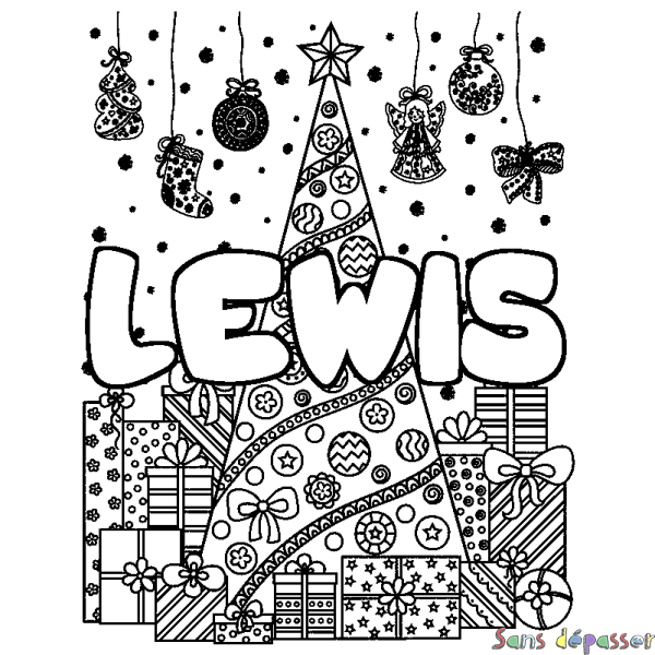 Coloriage prénom LEWIS - d&eacute;cor Sapin et Cadeaux