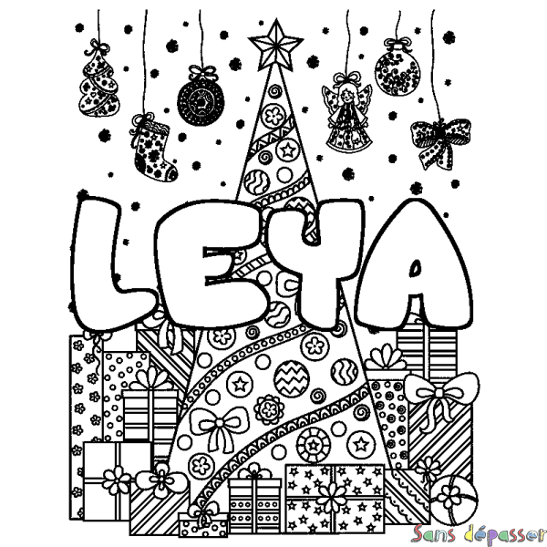 Coloriage prénom LEYA - d&eacute;cor Sapin et Cadeaux