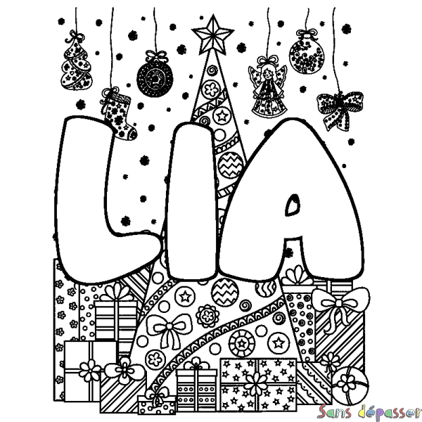 Coloriage prénom LIA - d&eacute;cor Sapin et Cadeaux