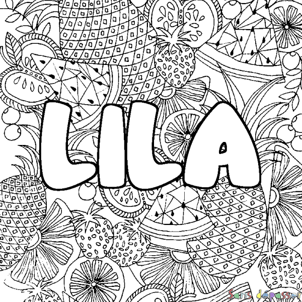 Coloriage prénom LILA - d&eacute;cor Mandala fruits