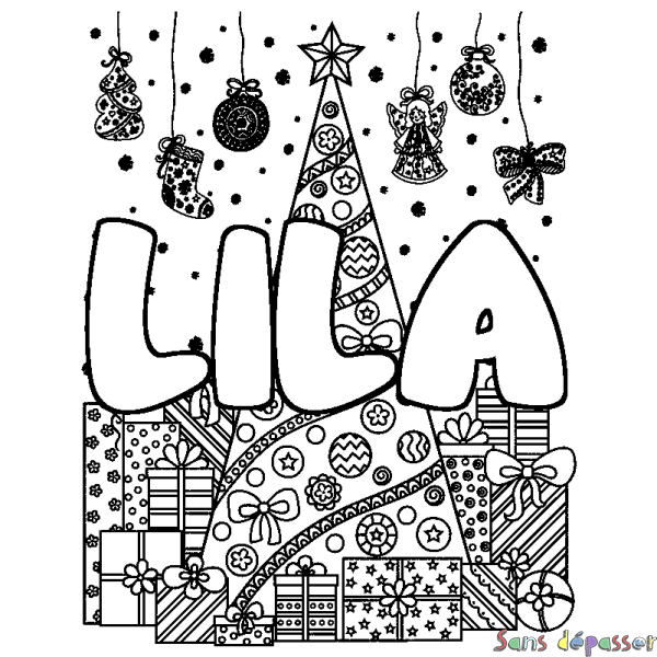 Coloriage prénom LILA - d&eacute;cor Sapin et Cadeaux