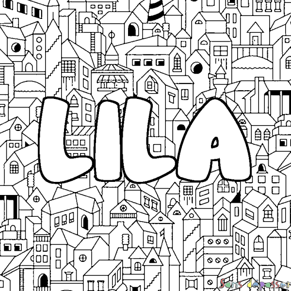 Coloriage prénom LILA - d&eacute;cor Ville