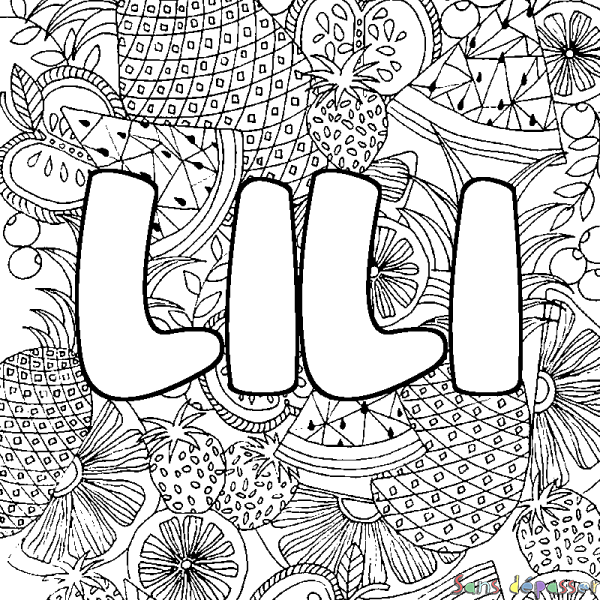 Coloriage prénom LILI - d&eacute;cor Mandala fruits