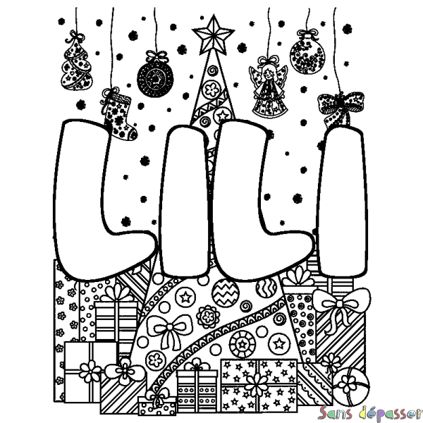 Coloriage prénom LILI - d&eacute;cor Sapin et Cadeaux