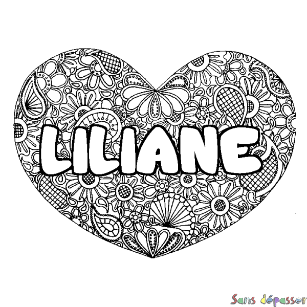 Coloriage prénom LILIANE - d&eacute;cor Mandala coeur