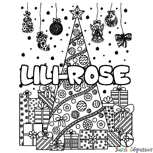 Coloriage prénom LILI-ROSE - d&eacute;cor Sapin et Cadeaux