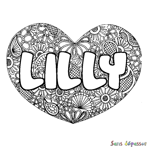 Coloriage prénom LILLY - d&eacute;cor Mandala coeur