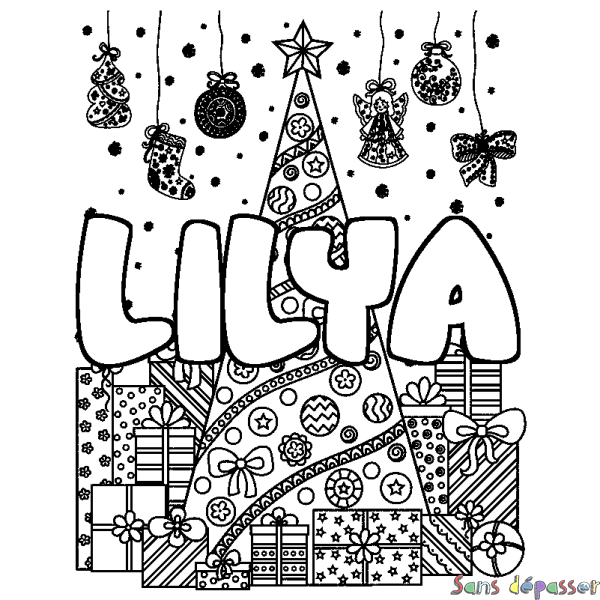 Coloriage prénom LILYA - d&eacute;cor Sapin et Cadeaux