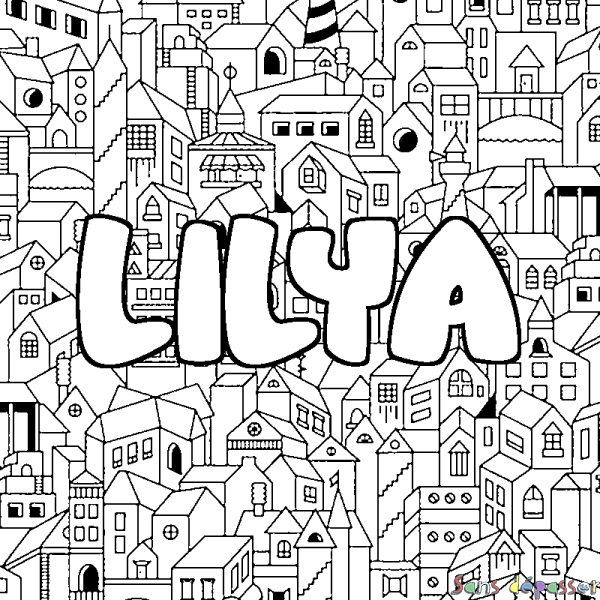 Coloriage prénom LILYA - d&eacute;cor Ville