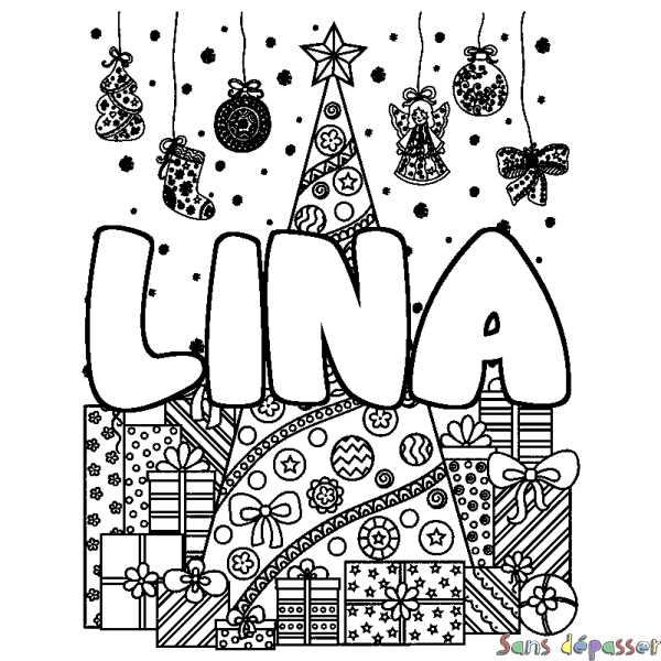 Coloriage prénom LINA - d&eacute;cor Sapin et Cadeaux