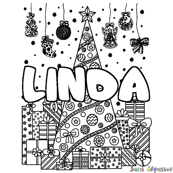 Coloriage prénom LINDA - d&eacute;cor Sapin et Cadeaux