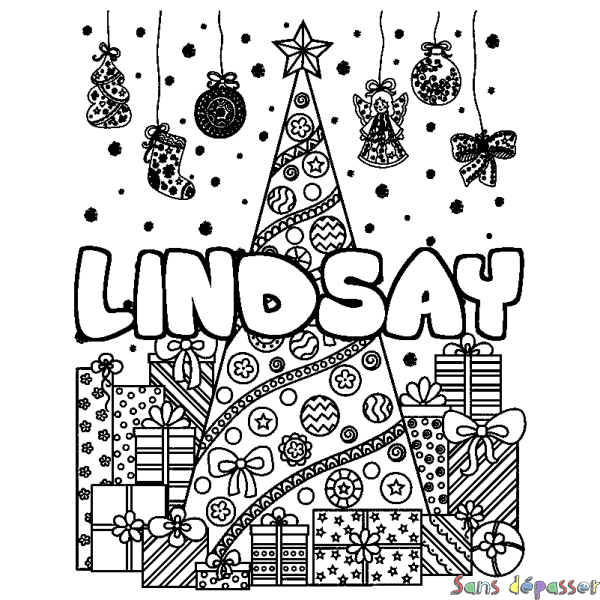 Coloriage prénom LINDSAY - d&eacute;cor Sapin et Cadeaux