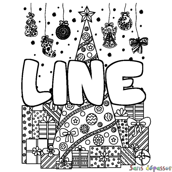 Coloriage prénom LINE - d&eacute;cor Sapin et Cadeaux